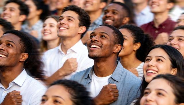 Diverse crowd celebrating at outdoor rally with african american man raising fist, smiling