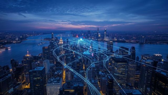 Futuristic Light Trails Through Cityscape at Dusk