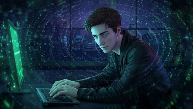 Male coder analyzing digital data streams in futuristic office