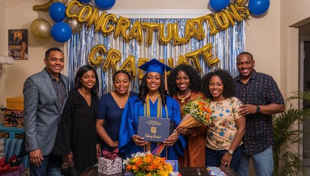 African american graduate celebrating with family, smiling in cap and gown holding diploma