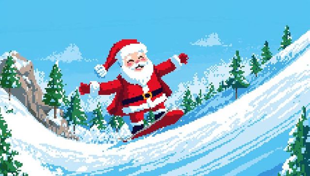 Pixel art santa snowboarding down steep powder slope retro 8-bit holiday action