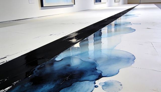 Glossy black stripe and blue ink pools on white floor reflective abstract installation