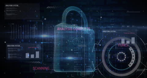 Cyber Security Padlock with Digital Data Processing Interface