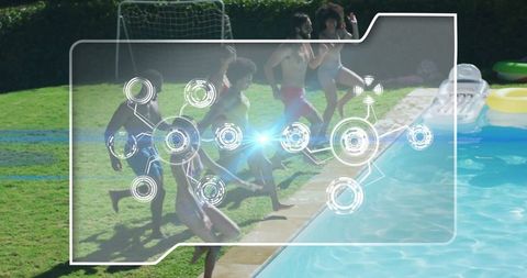 Friends Enjoying Summer Pool Party with Futuristic Technology Overlay