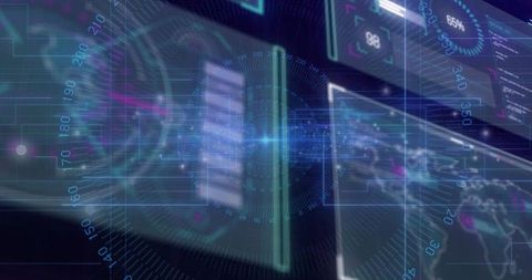 Futuristic Holographic Data Dashboard Displaying Virtual Interfaces and World Map Overlays
