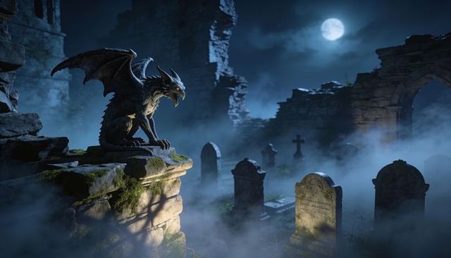 Moonlit gargoyle perching over foggy gothic graveyard ruins with glowing eyes and moss
