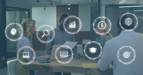 Business Team Analyzing Data with Futuristic Icons