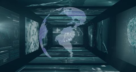 Holographic Globe in Futuristic Corridor with Digital Data Panels