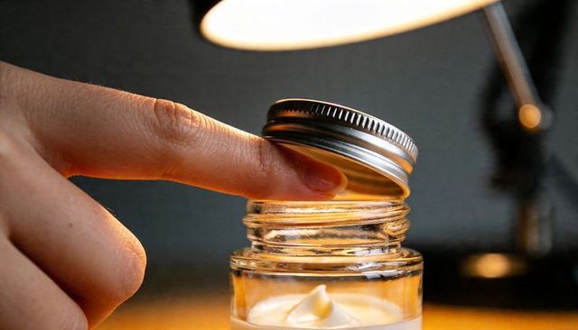 Closeup finger twisting metal lid from glass jar of cream on warm wood desk lamp glow