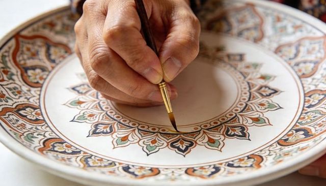 Artisan painting intricate floral mandala on ceramic plate with fine brush, handmade craft