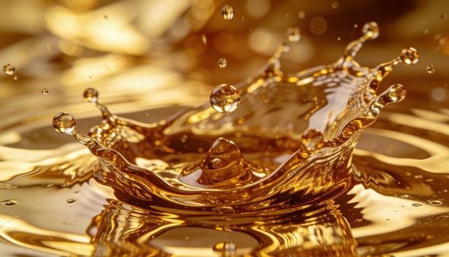 Golden crown splash close-up capturing liquid amber droplets high-speed macro reflection