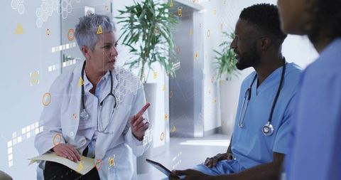 Senior Physician Leading Multidisciplinary Team Discussion with Digital Health Overlays