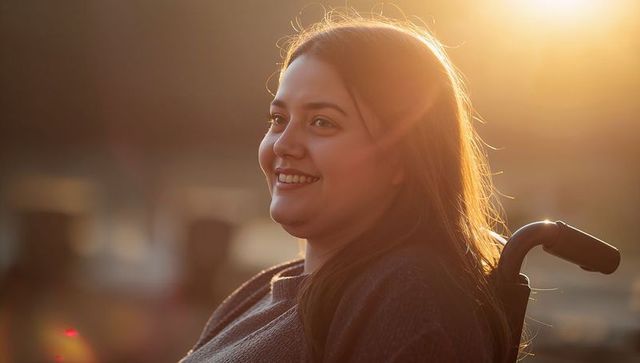 Smiling woman in wheelchair at golden hour with backlit hair and warm rimlight portrait