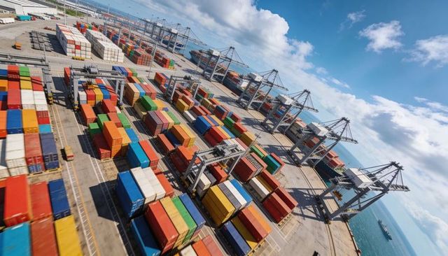 Aerial drone capturing busy container terminal with gantry cranes and colorful shipping containers