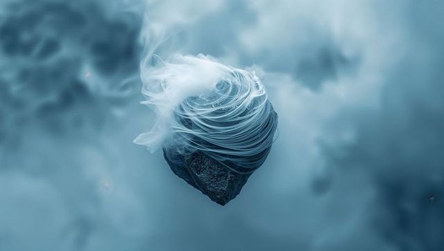 Surreal floating rock in mystical fog