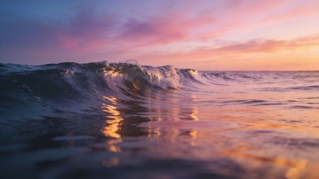 Sunset wave crest reflecting pastel sky, golden pink ocean glow at horizon
