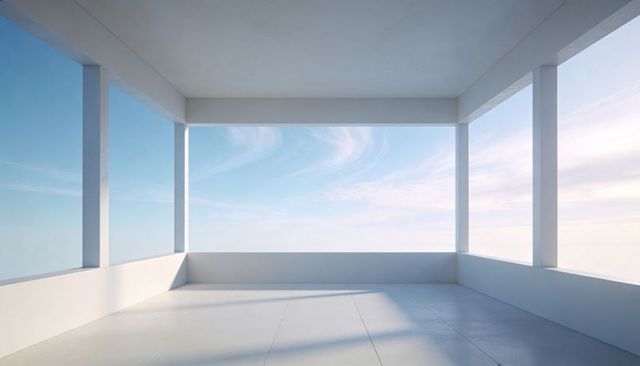 Minimal rooftop pavilion with white columns and open sky horizon
