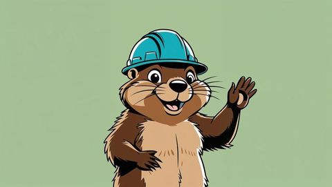 Cheerful cartoon beaver in hard hat waving warmly