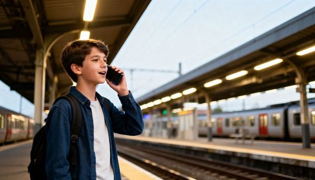 Teen Talking on Smartphone at Train Platform with Backpack During Morning Commute