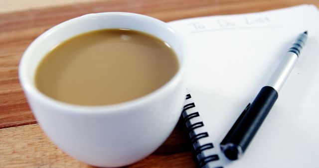 Close-up of coffee cup filled with coffee next to an open notepad and pen on a wooden table. Useful for themes of morning routines, productivity, workspace setups, and note-taking habits. Great for blogs, articles, or promotions about morning routines, productivity tips, or planning and organization.