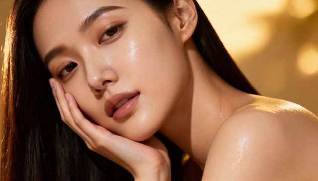 Asian woman with glowing dewy skin touching cheek, beauty portrait with natural makeup