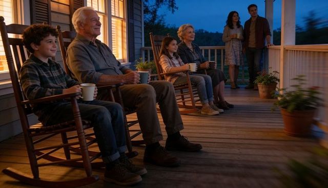 Multigenerational family relaxing on front porch at dusk with rocking chairs and mugs