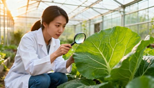 Female scientist examining giant leaf with magnifying glass inside sunlit greenhouse lab