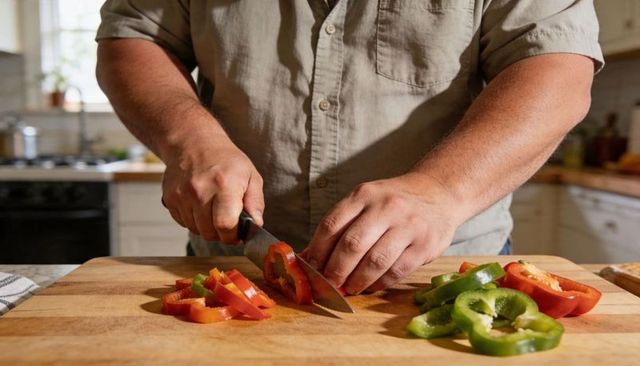 Home cook slicing red and green bell peppers on wooden cutting board with chef knife