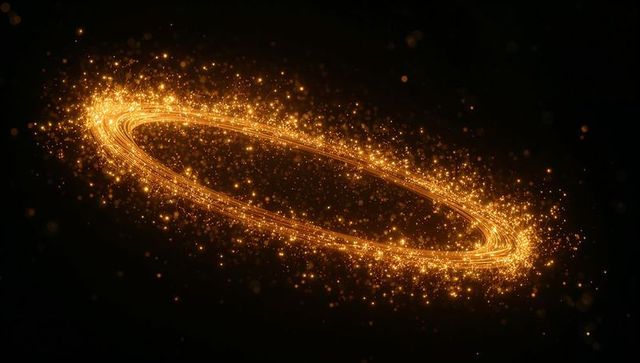 Glowing Golden Elliptical Ring Swirling with Sparkling Particle Trail