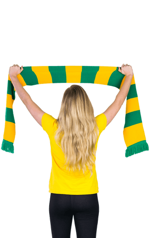 Excited sports fan holding bright scarf transparent background