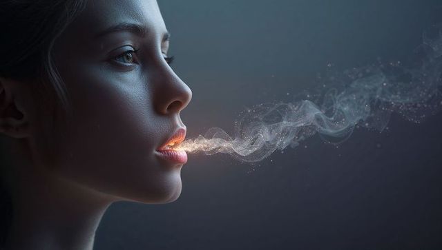 Exhaling woman releasing glowing vapor stream in profile, ethereal luminescent particles