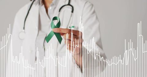 Physician holding green awareness ribbon with ecg waveform overlay for health campaign