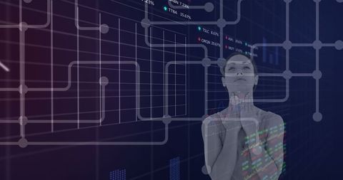 Caucasian Woman Analyzing Digital Data Interfaces