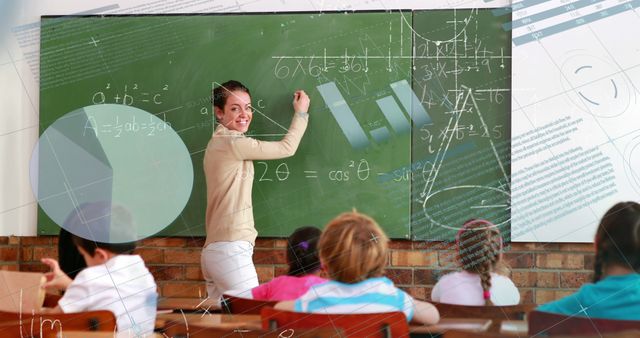 Female teacher instructing young students in a classroom with mathematical formulas on the chalkboard. The image can be used for educational content, articles about teaching methods, STEM education promotion, and resources for teachers and schools.