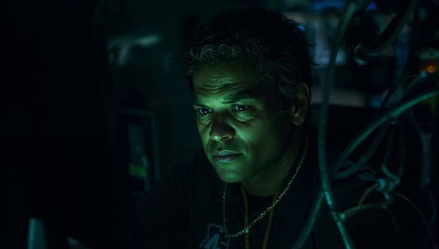 It technician monitoring server rack in moody lowlight with teal glow and tangled cables