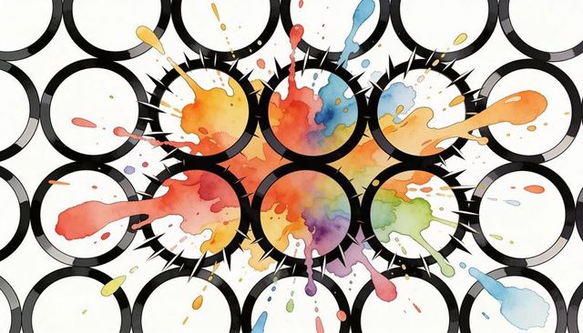 Explosive watercolor circle burst with black grid and colorful ink splashes for modern design