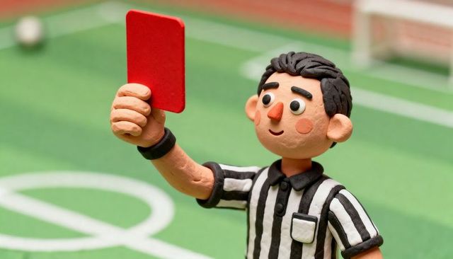 Handcrafted clay referee holding red card on miniature soccer pitch — sports concept