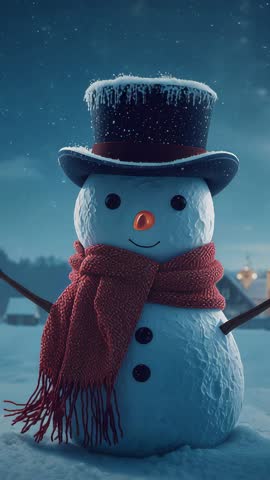 Vertical Snowman Video Falling Snow at Dusk with Frosted Top Hat and Red Scarf
