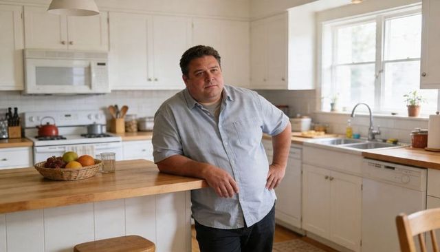 Leaning middle-aged man thinking in sunlit kitchen beside wooden island with fruit bowl