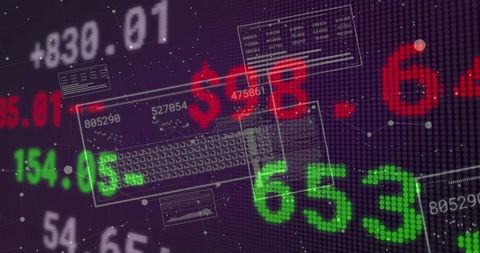 Futuristic trading dashboard displaying neon market hud with red dollar sign and green prices