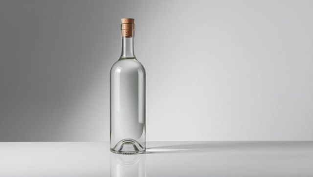 Minimalist glass bottle with cork on glossy table surface
