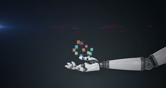 Innovative Robotic Hand Holding Network of Media Icons on Dark Background - Download Free Stock Images Pikwizard.com