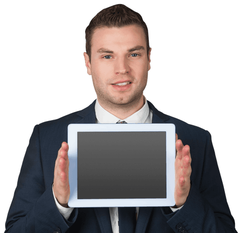Businessman holding transparent blank tablet screen