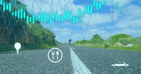 Cyclist braving country road with digital data overlays