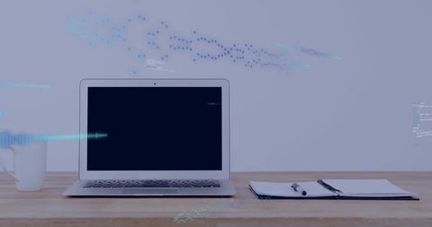 Minimal Laptop Workspace with Notebook and Coffee Cup Featuring Digital Data Overlays