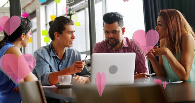 Four young adults are collaborating around a laptop in a modern office space while surrounded by heart graphics. The scene reflects a positive and friendly atmosphere, ideal for concepts related to teamwork, creative brainstorming, or informal office discussions. This image can be used to convey themes of cooperation, youthful energy, and a supportive work environment, being perfect for modern work culture articles, collaborative project promotions, or diversity in the workplace presentations.