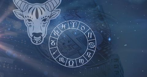 Zodiac Wheel with Taurus over Bitcoin Symbol and Data Processing Theme
