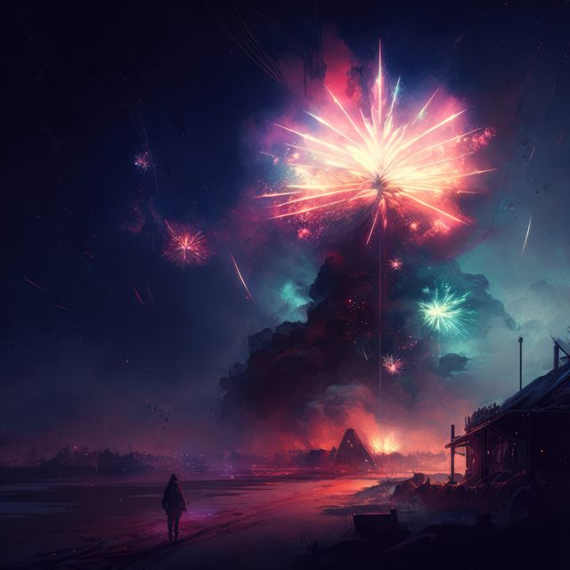 Dazzling fireworks illuminating a dark, mystical landscape at night with colorful explosions over a serene village. Ideal for inspiring celebration, festive event promotions, magical night scenes, fantasy book covers, and creative digital backgrounds.
