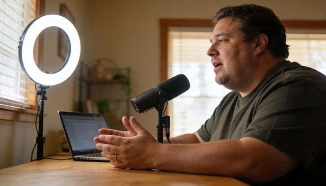 Man hosting home podcast with microphone and ring light, recording engaging conversation