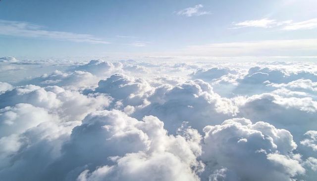 Floating cumulus cloudscape above sunlit horizon revealing textured cloud tops